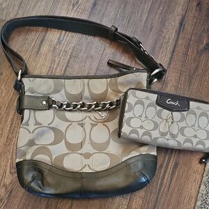 Coach Beige and Black Signature Shoulder Bag